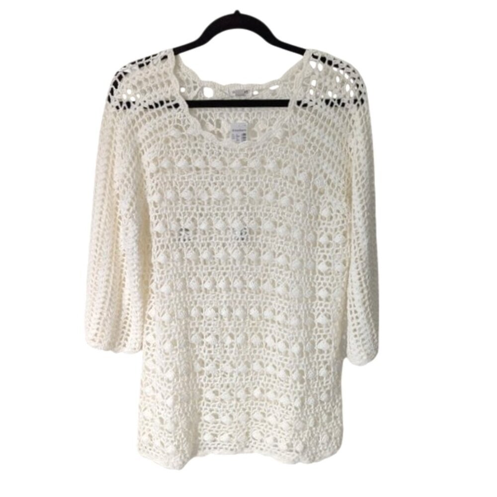 Westport White Crochet Knit Sweater Size L